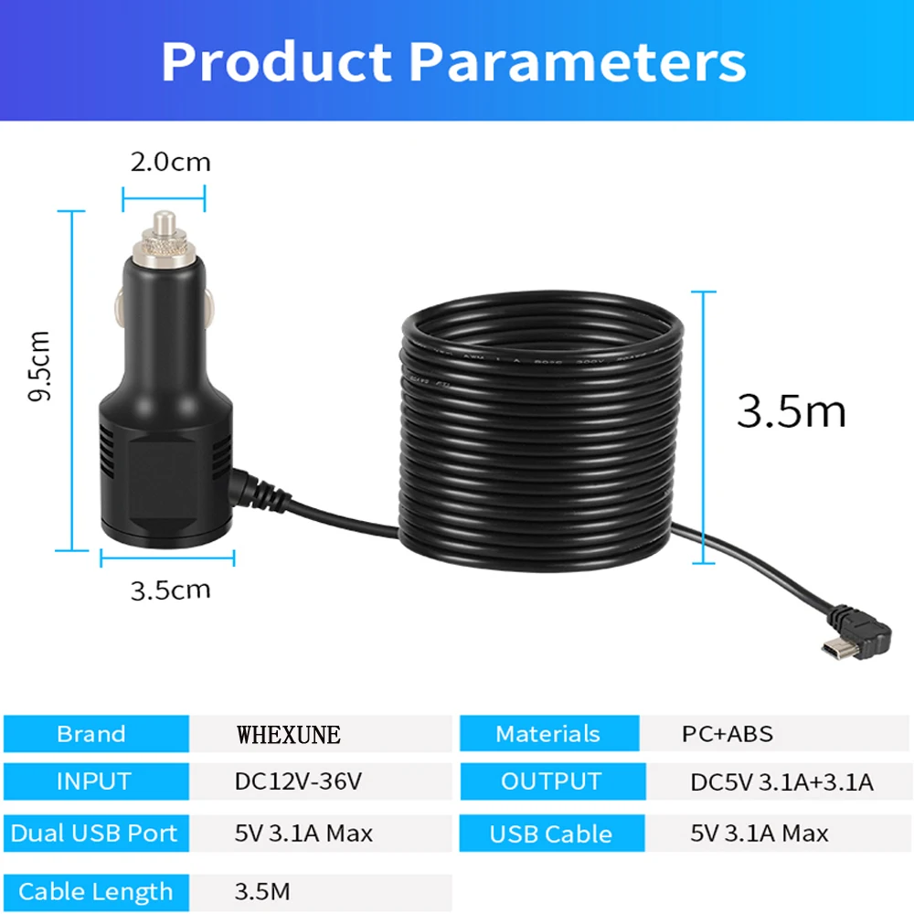 WHEXUNE 3,5 метровой линией мини двойной usb-порт автомобильное зарядное устройство адаптер 12 V 36 V 5 V для смартфон, GPS Автомобильный видеорегистратор планшет