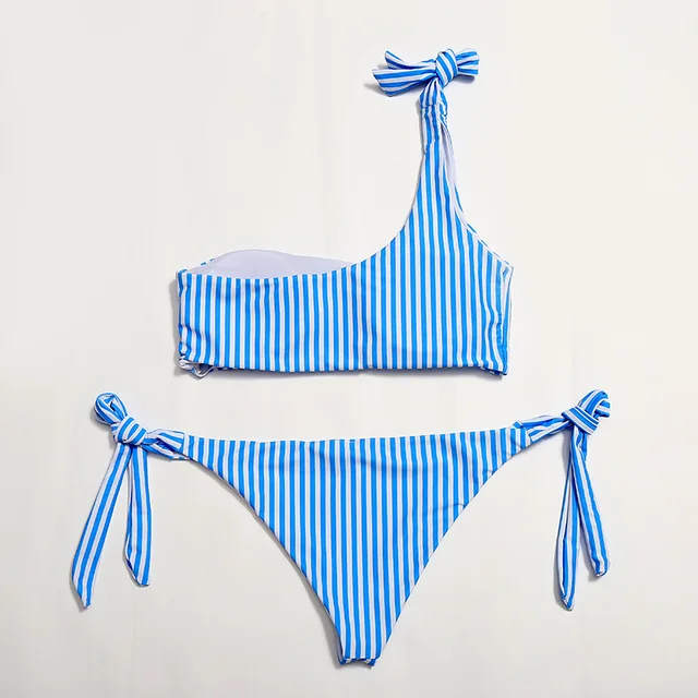 One Shoulder Bandage Bikini Sets 2018 Blue Striped Women Swimsuit