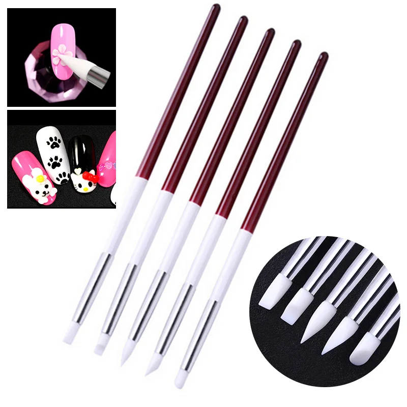 

5Pcs Nail Art Carving Sculpture Pen Wooden Handle Silicone Head Painting Brushes Profession Women Nail Art Rhinestone Tools HB88