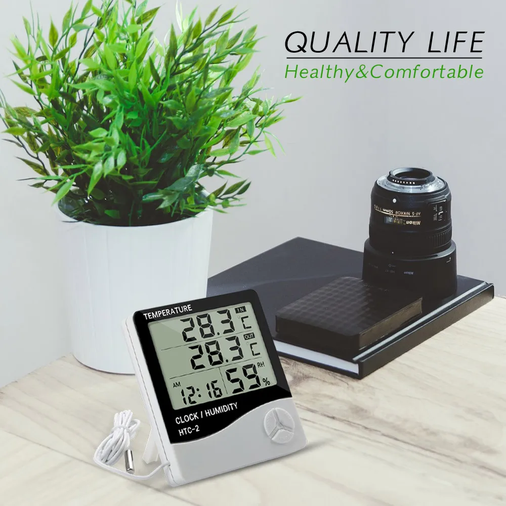 

3in1 Multifunction Clock Digital LCD Thermometer Hygrometer Electronic Temperature Humidity Meter Indoor Outdoor HTC-2