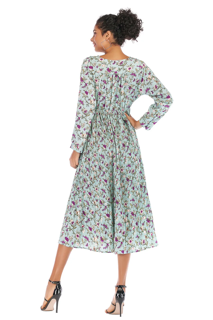 Gladiolus Hot 2018 Autumn Dress Women Long Sleeve V-Neck Sexy Floral Print Tunic Loose Midi Chiffon Dress Women Beach Sundress (17)