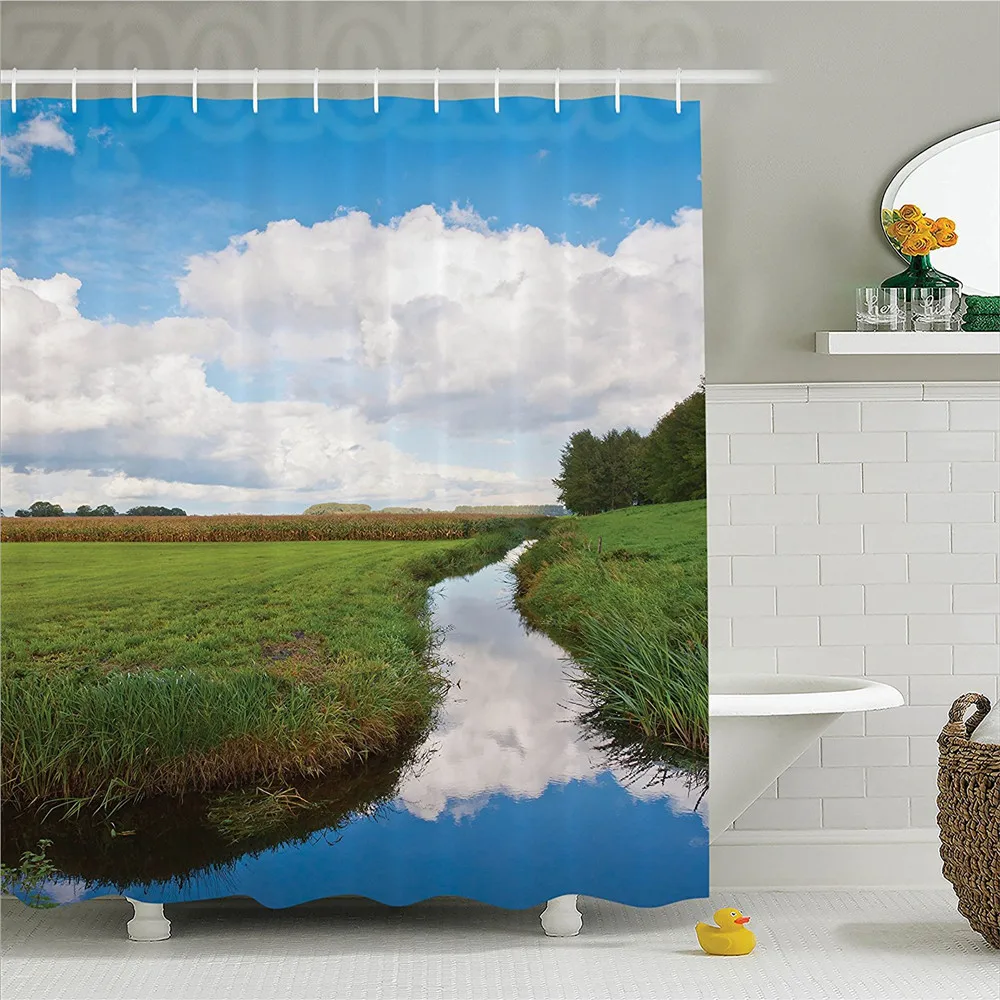 Lake House Decor Shower Curtain Set Reflective Calm River Landscape