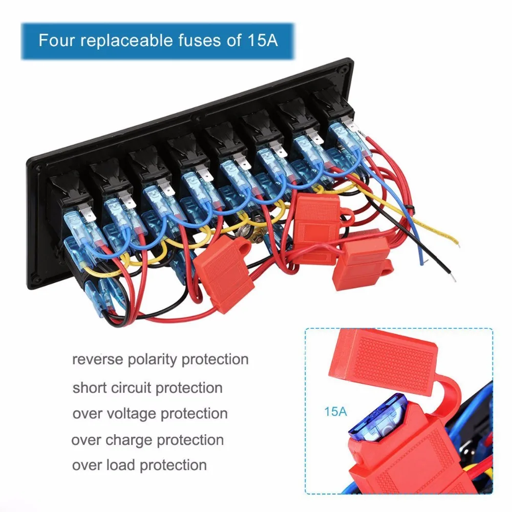 8 банды цепи светодиодный 5 Pin перекидной клавишный выключатель Панель+ Dual USB Зарядное устройство+ Мощность колодка для выключателей вольтметр для автомобиля RV морской катер(синий
