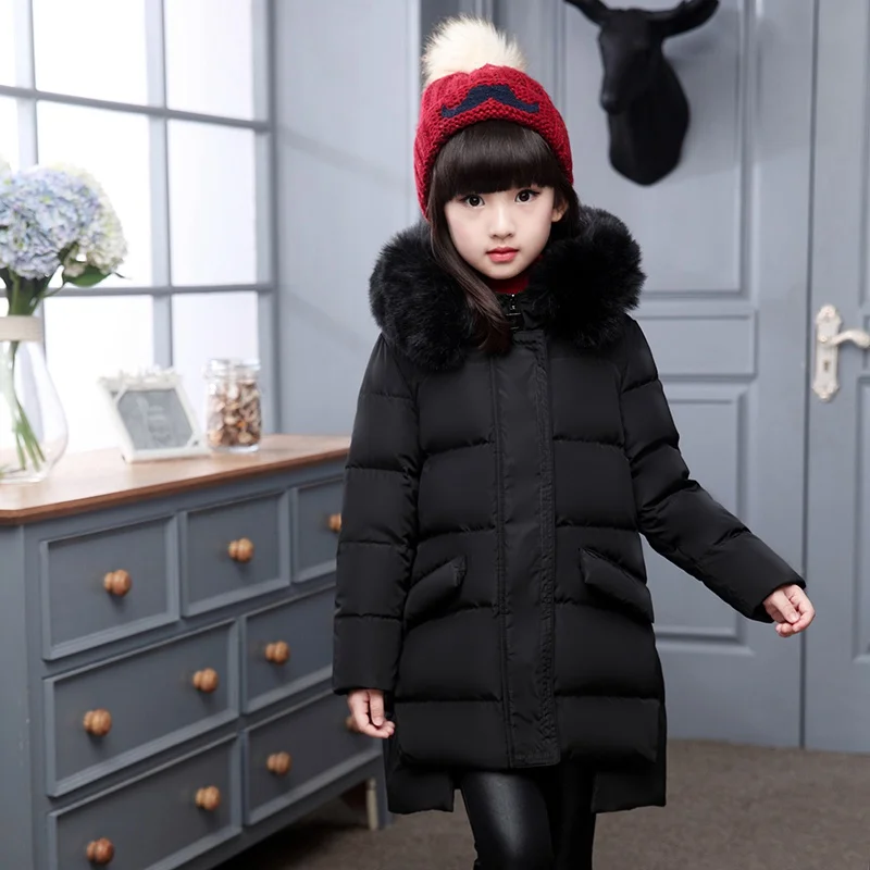 Новые зимние куртки-пуховики для девочек теплая детская куртка-пуховик на утином пуху для маленьких девочек Детская пуховая верхняя одежда, куртка-30 градусов - Цвет: Черный