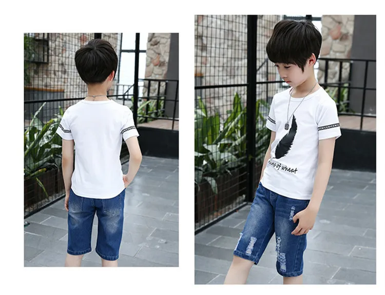 4-14 y boys summer set clothing 2019 boy child tracksuit kids sets knee length jeans pants children t-shirts boys 10 12 years (4)