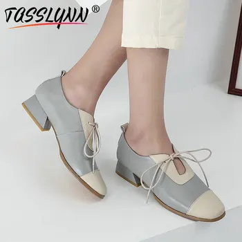 

TASSLYNN 2019 Low Heels Women Pumps Spring Autumn Patchwork Heel Women Shoes Square Toe Square Heels Lace Up Pumps Women 34-39