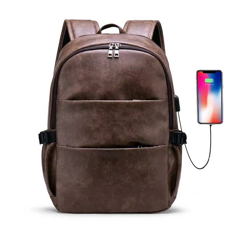 

Vintage Men School backpack with USB charging Black PU Leather men Backpack for 14" Laptop Waterproof Schoolbag men backpack