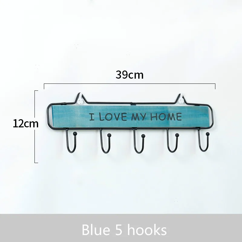 Высокое качество креативный деревянный металлический крючок настенный ключ одежда шляпа стеллаж для хранения с крючком крыльцо гостиная украшение кухонной стены - Цвет: Blue 5hooks