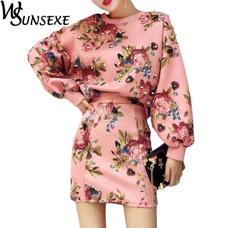 

2018 New Spring Suede Leather 2 Piece Set Women Vintage Flower Pearl Suits Lantern Long Sleeve and Bodycon Mini Skirt Two Piece