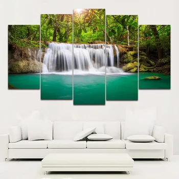 

Rainforest And Waterfall Landscape Painting Wall Art Canvas Print 5 panels Customsized Pictures For Living Room,Bedroom