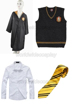 

Free Shipping Harry Hufflepuff Cosplay Robe Cloak Vest Shirt Necktie Badge for Halloween and Christmas