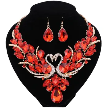 

Luxury Gold Zinc Alloy Red Crystal New Collier Femme Double Swan Statement Necklace Earring For Women Party Wedding Jewelry Set