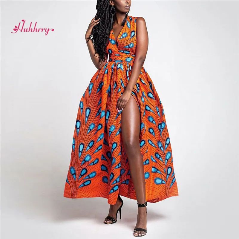 

HUHHRRY 2019 Summer Women DIY Sexy Backless African Dress Spagetti Strap Print Dresses Ladies Clothes