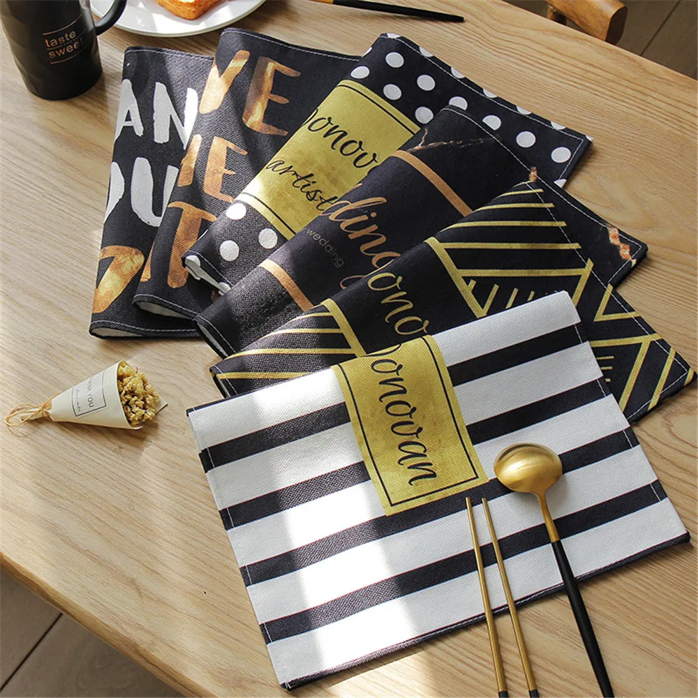 

Creative Cotton Linen Placemat Dining Table Mat Black White Stripe Wavy Circle Pattern Heat Insulation Placemat Bowl Coaster 1PC