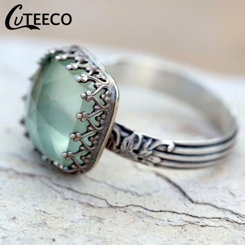 CUTEECO классический древний серебряный мятный зеленый фианит палец кольца для женщин европейские свадебные обручение кольцо ювелирны