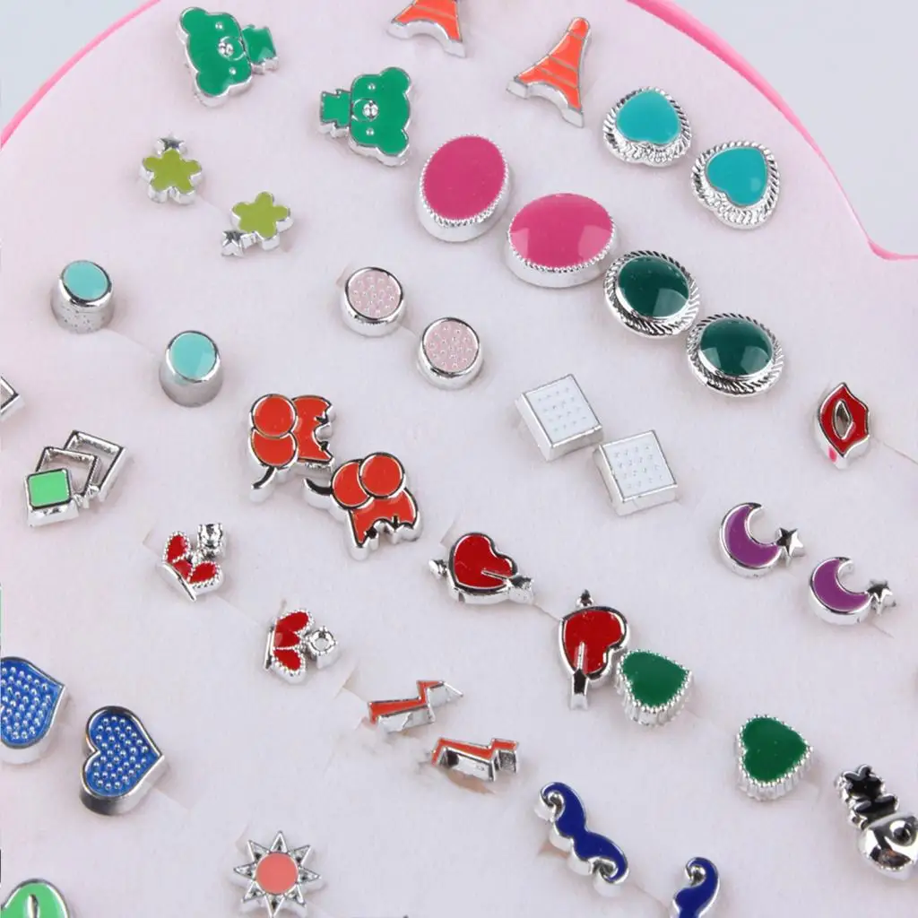 36 Pairs Women Girl Kid Different Colorful Shape Stud Earrings Birthday Valentine Party Gift with Heart Organizer Box
