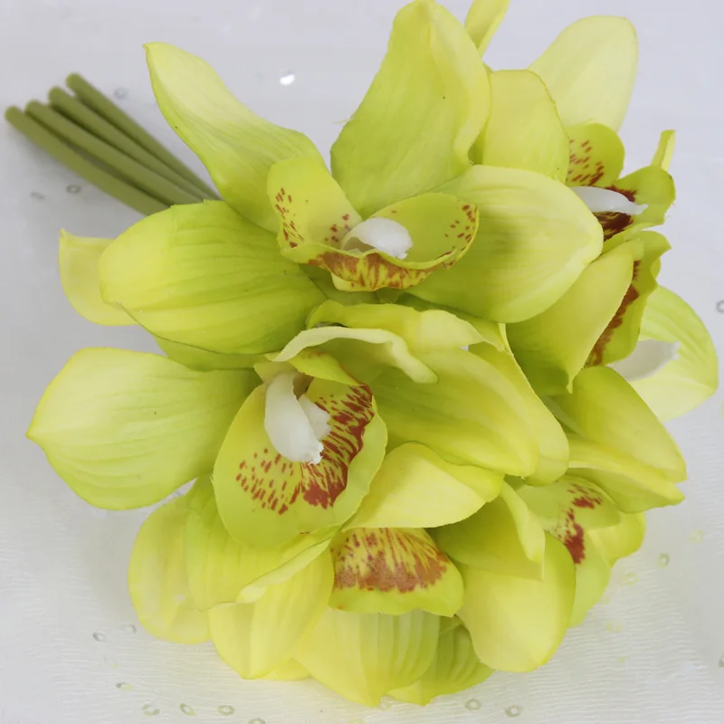 6 головок Большой Цветок cymbidium Искусственные цветы «сделай сам» свадебный цветок невесты ручной работы украшение дома искусственная Орхидея растения - Цвет: Light green