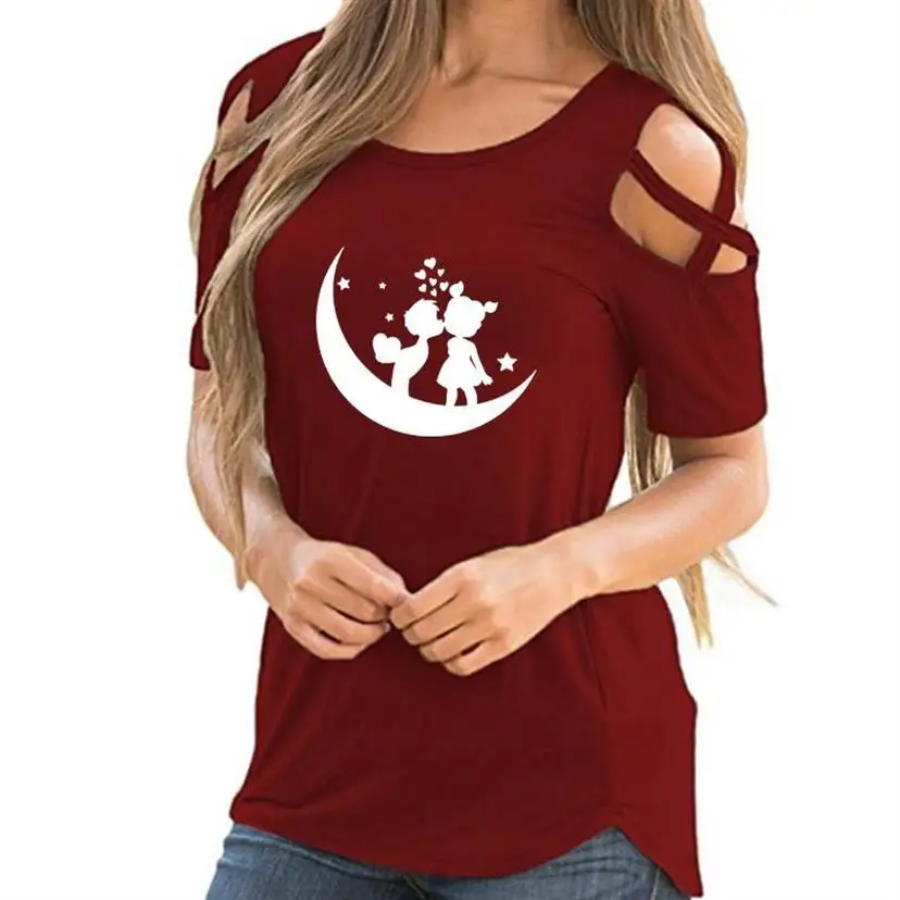

Fashion Couple Moon Stars Letters Print Bandage Off Shoulder T-Shirt For Women Harajuku Tops Funny Women Cute Cotton