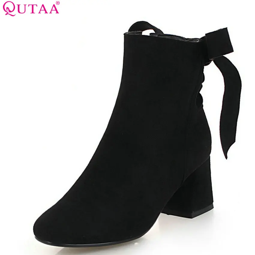 

QUTAA 2019 Women Ankle Boots flock square high heel winter shoes platform square toe casual zipper Women Boots Big Size 34-42