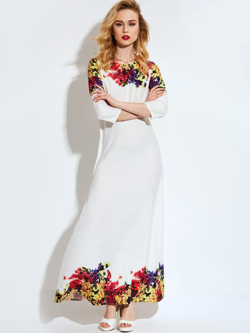 Young17 White Dress Women Pleated Fashion Round Long Sleeve Fall Print