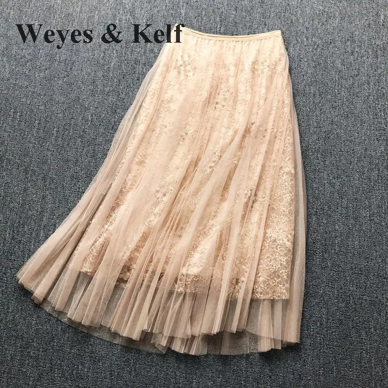 Weyes& Kelf Летняя Открытая Длинная кружевная юбка для женщин элегантная эластичная талия жемчужная плиссированная юбка винтажная юбка цветочный