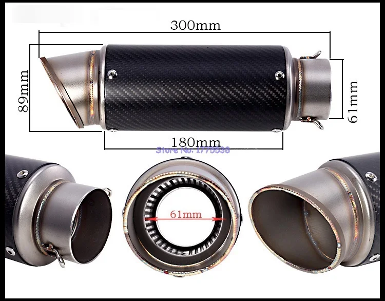 Length 300mm Inlet 61mm to 51mm Motorcycle Exhaust Pipe Mufflers Carbon