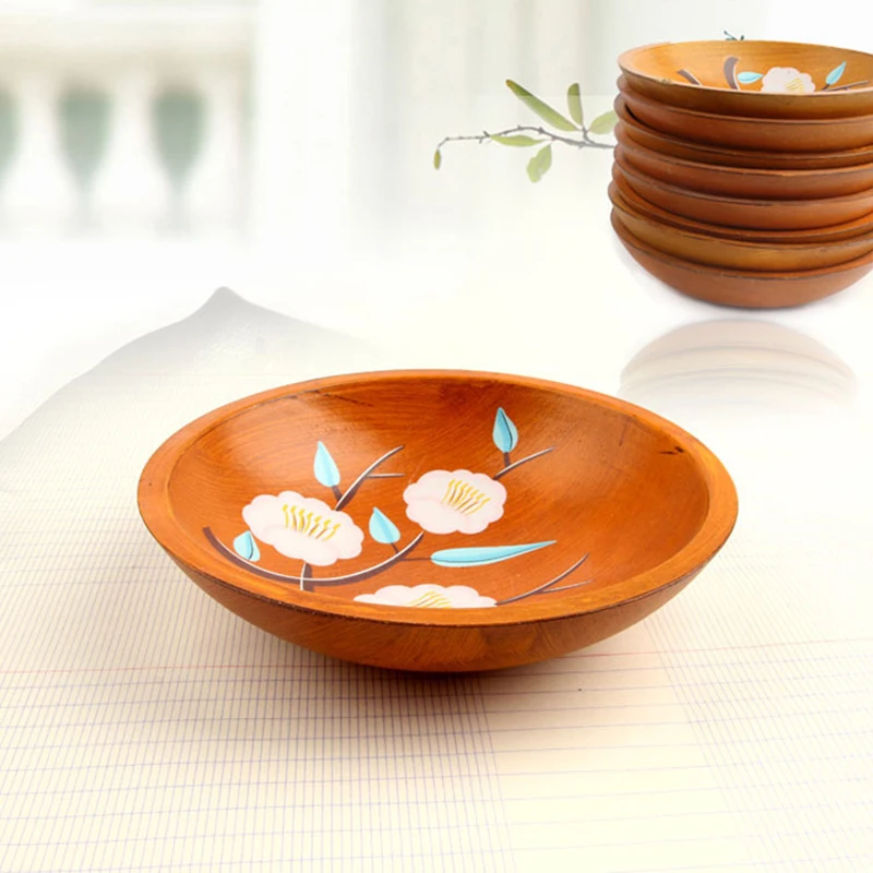 Японский стиль ручная роспись древесный круглая тарелка под фрукты Чайный домик кафе домашняя деревянная посуда конфеты Креативный цветочный узор деревянная чаша