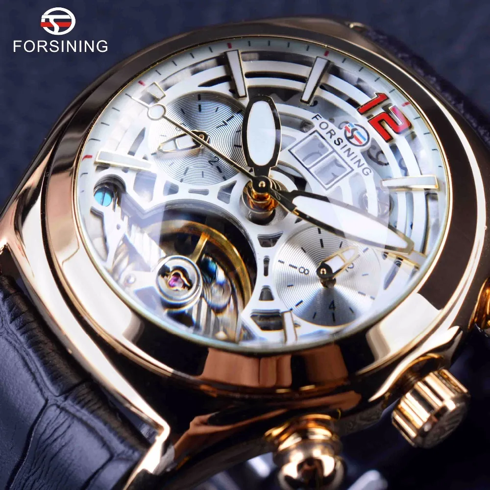 

Forsining Legend Tourbillion Series 3D Glass Design Genuine Leather Mens Watch Top Brand Luxury Clock Automatic Men Wrist Watch
