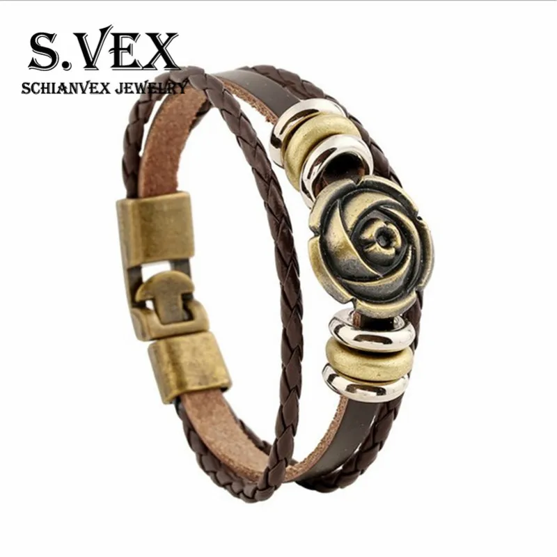 S.VEX Mens Flower Buckle Bracelets 2018 Bohemia Leather Rope Chain Brecelet Jewelry Armbandjes for Men Bracelet Homme | Украшения и