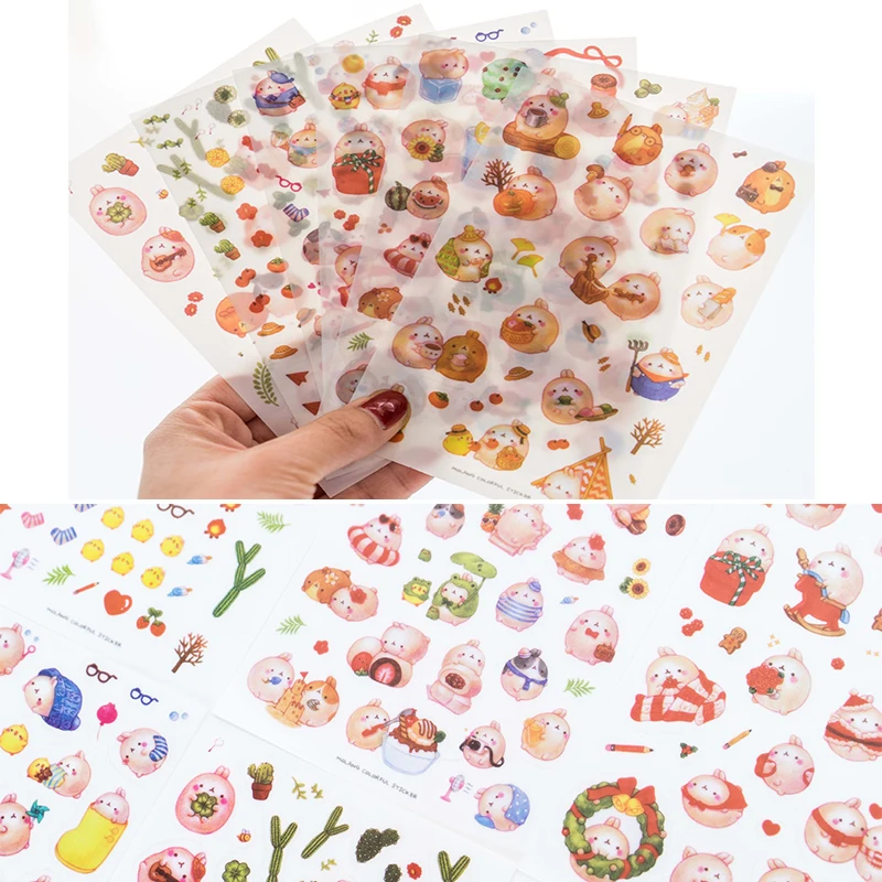

6 Sheets Creative Kids Stickers Toy DIY Round Roll Rabbit Stickers Scrapbook Decoration Album Diary Phone Waterproof Stickers