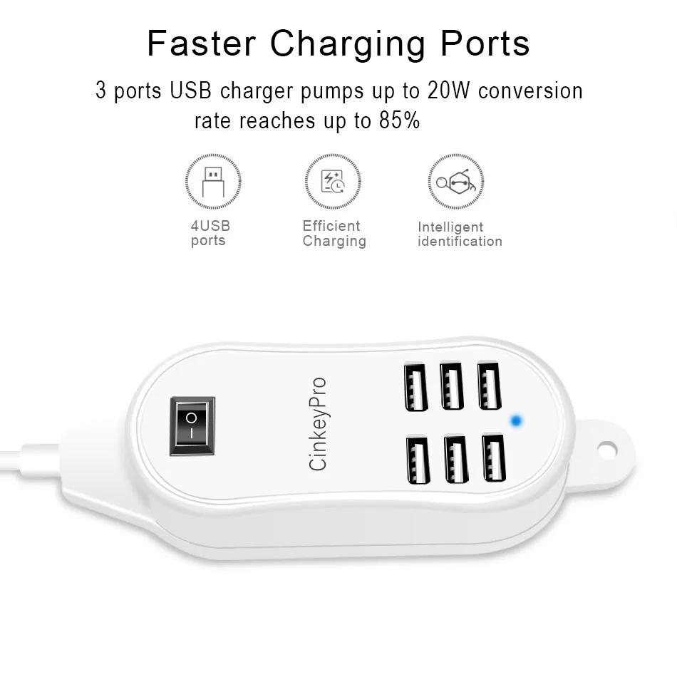 CinkeyPro 6-Ports Desktop USB Charger Wall Adapter 1.5M Cable Mobile Phone Device 5V 2A Charging For iPhone Samsung Universal 4