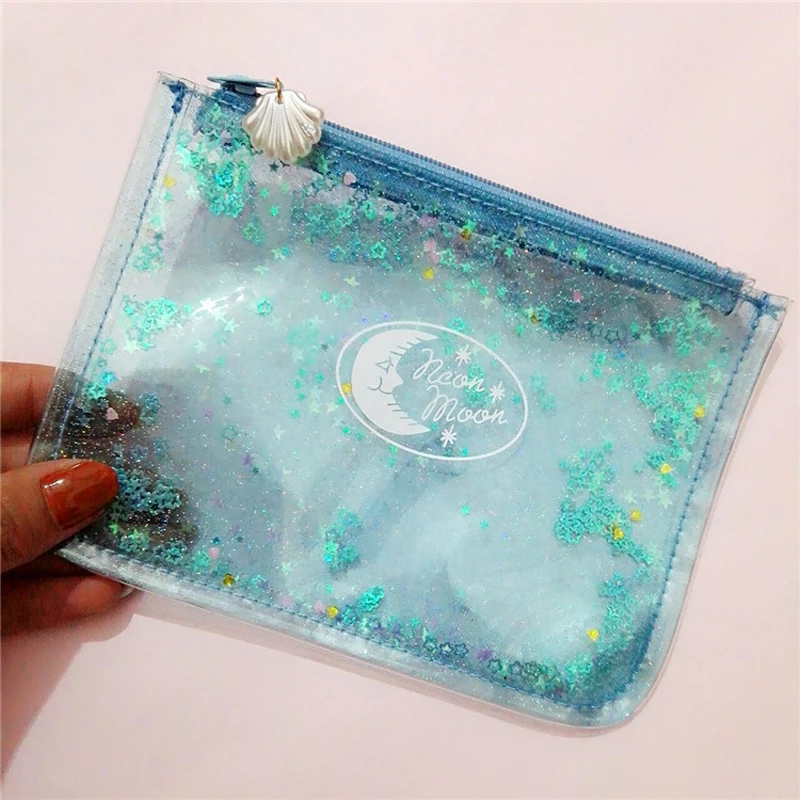 BONAMIE, Модный женский клатч со звездами и блестками, маленькая сумочка для монет, ПВХ, прозрачная кожаная сумка-конверт, сумочка на молнии для девушек - Цвет: Blue