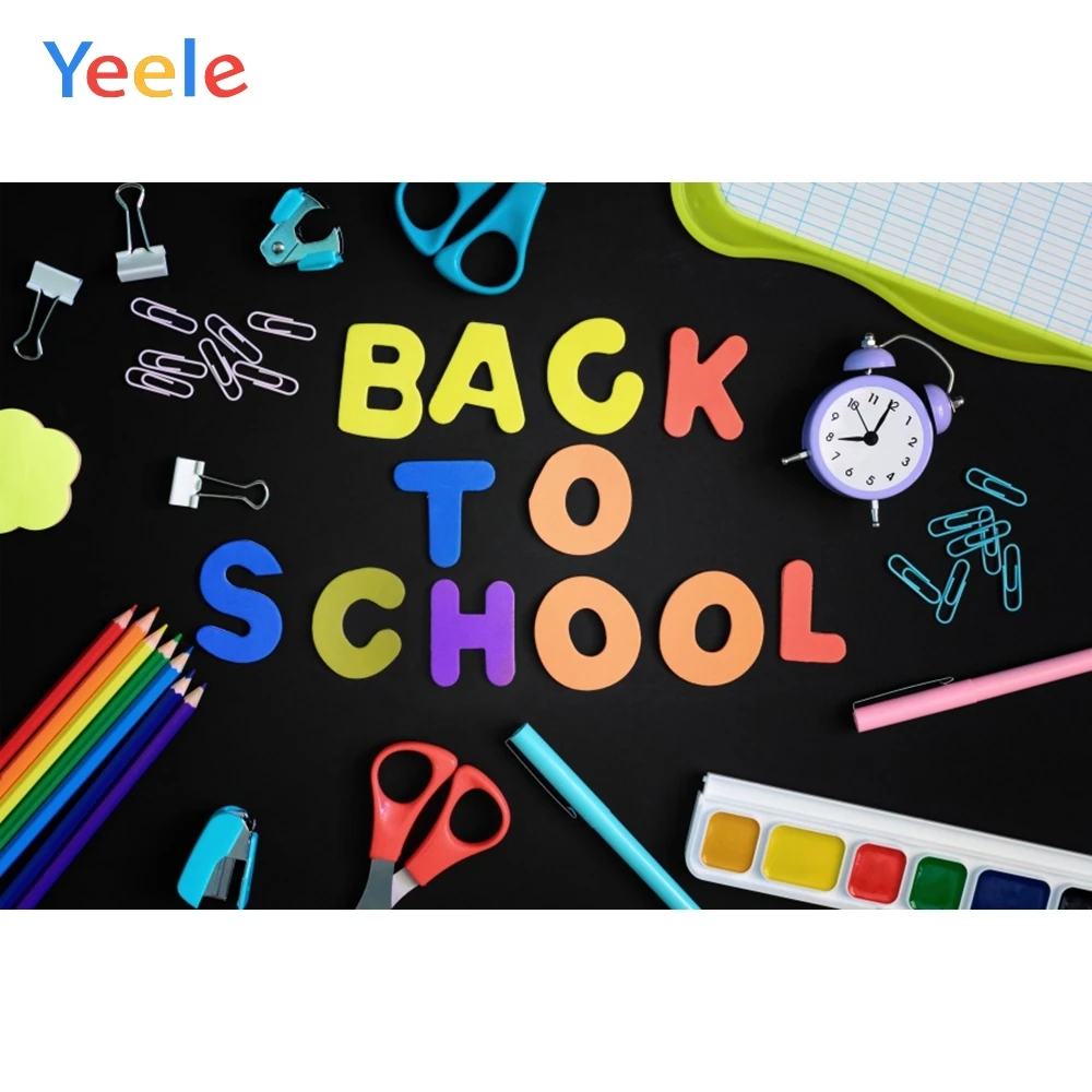 

Yeele Blackboard Class Clock Pencil Back to School Photography Background Customized Photographic Backdrops for Photo Studio