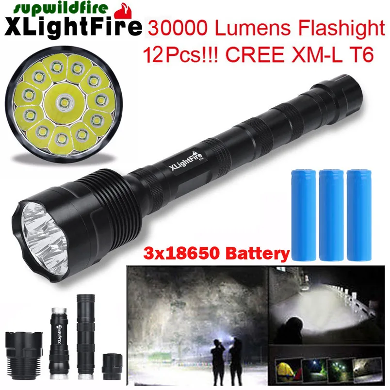 

HOT!!! XLightFire 30000 Lumens 12 x XML T6 5 Mode LED Flashlight 3 x 18650 Battery Free Shipping #NN01