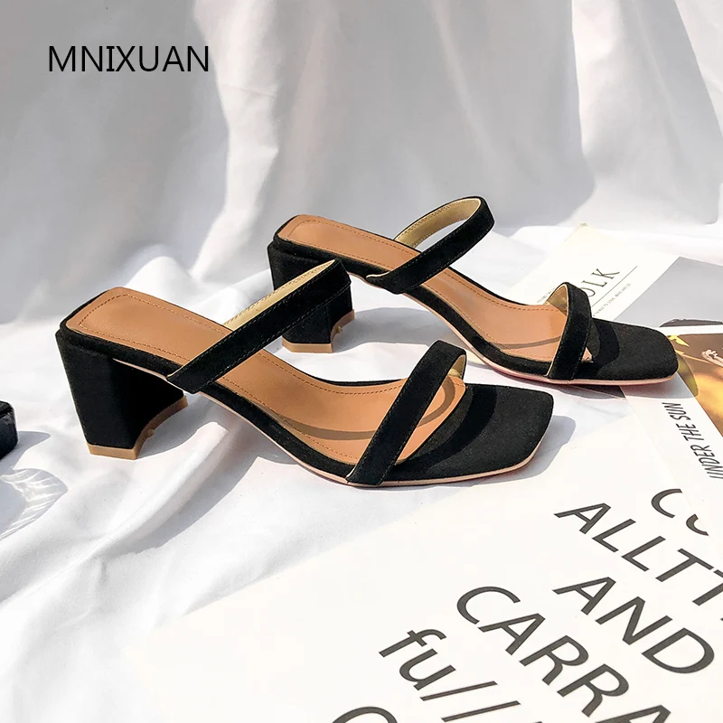 

MNIXUAN Handmade summer women slippers sandals high heels 2019new open toe leather suede block heel slides shoes plus size 34-43