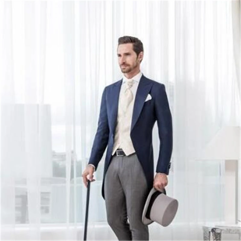 Chaqueta talla grande para hombre, de boda, Blazer de 3 piezas (chaqueta azul + pantalones grises + chaleco blanco + corbata), abrigo de para fiesta, novedad de 2022|Trajes| - AliExpress