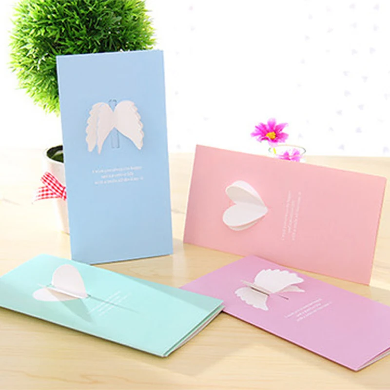 

(40 piece/lot) 3D Heart Angel Wings Paper Greeting Card Birthday Invitations Back To School Stationary Gift With Envelope PC01