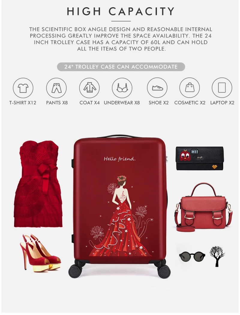 AJI благородная принцесса женский чемодан багаж чемодан для путешествия тележка для багажа на колесах чехол PC Mute Spinner колеса TSA замок A7012