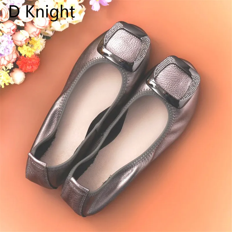 Comfortab Women's Flat Shoes Large Size 12 Genuine Ballet Leather Footwear for Women Csytal Metal Decoration Female Loafer Shoes (19)