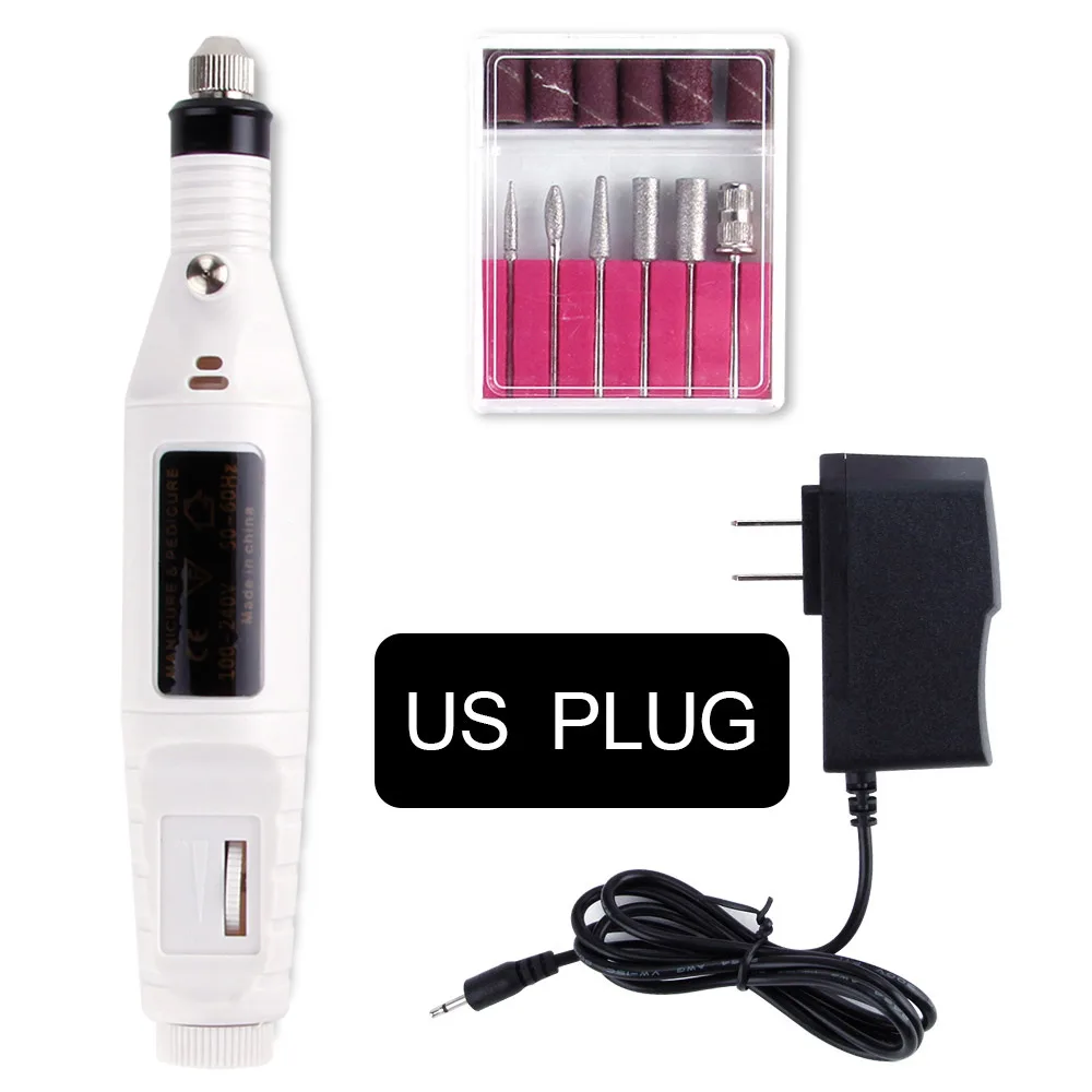Электрический аппарат для маникюра, фрезерный станок, набор фрез для ногтей, алмазное сверло, резак для кутикулы, наконечники для ногтей, гель для снятия лака - Цвет: White US Plug