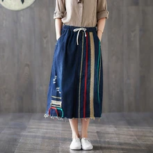 Японские туфли в стиле Mori Girl, цыганские хиппи бохо в этническом стиле Винтаж в ретро-стиле Harajuku «кроше» с вышивкой в стиле пэчворк синего джинсового цвета Для женщин весна юбка