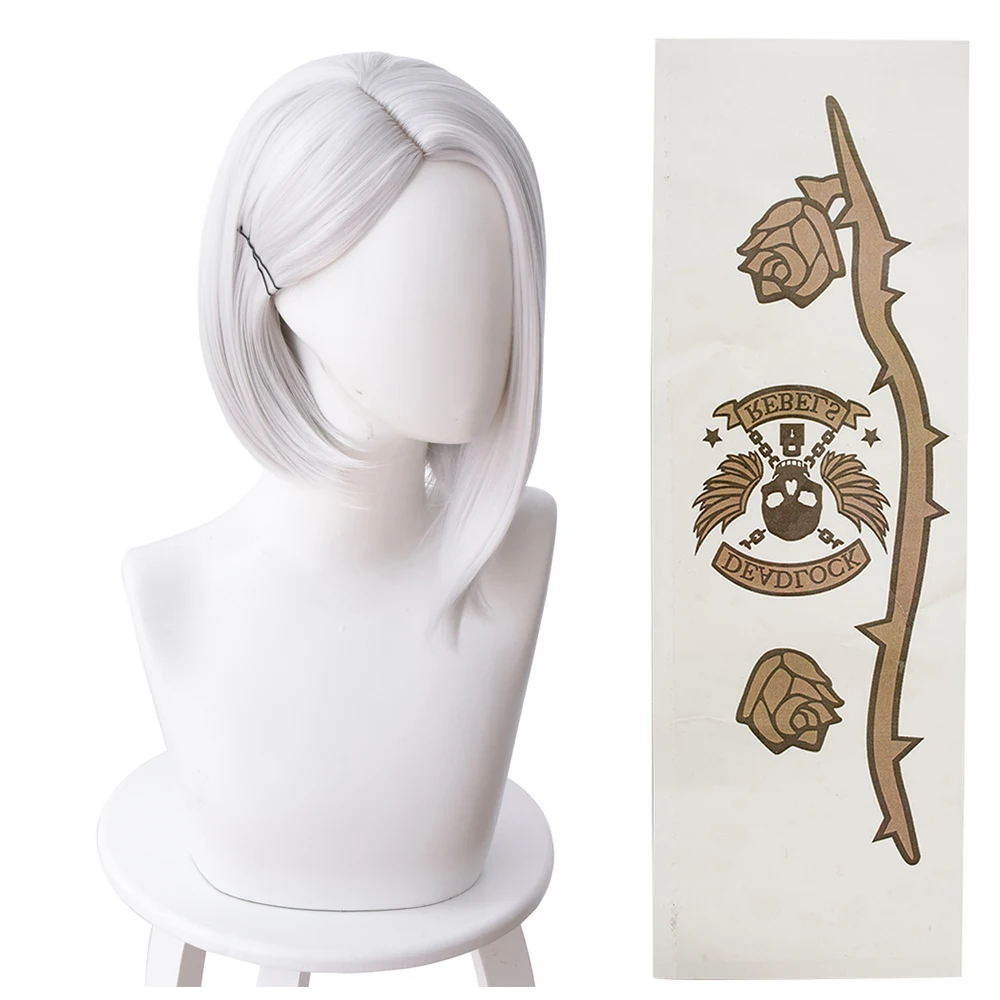 

Game OW Ashe wig hair With Tattoo sticker Ashe Cosplay White Wigs costume Accessories Halloween Carnival