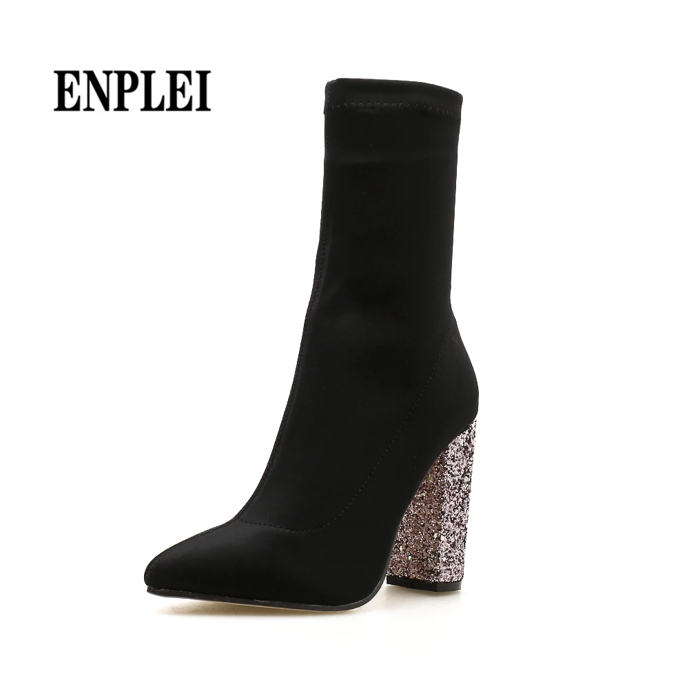 

ENPLEI Women Shoes Spring and Autumn New High Heels Thick Heeled Elastic Boots Tube Socks Boots Bling Heels Ladies Party Pumps