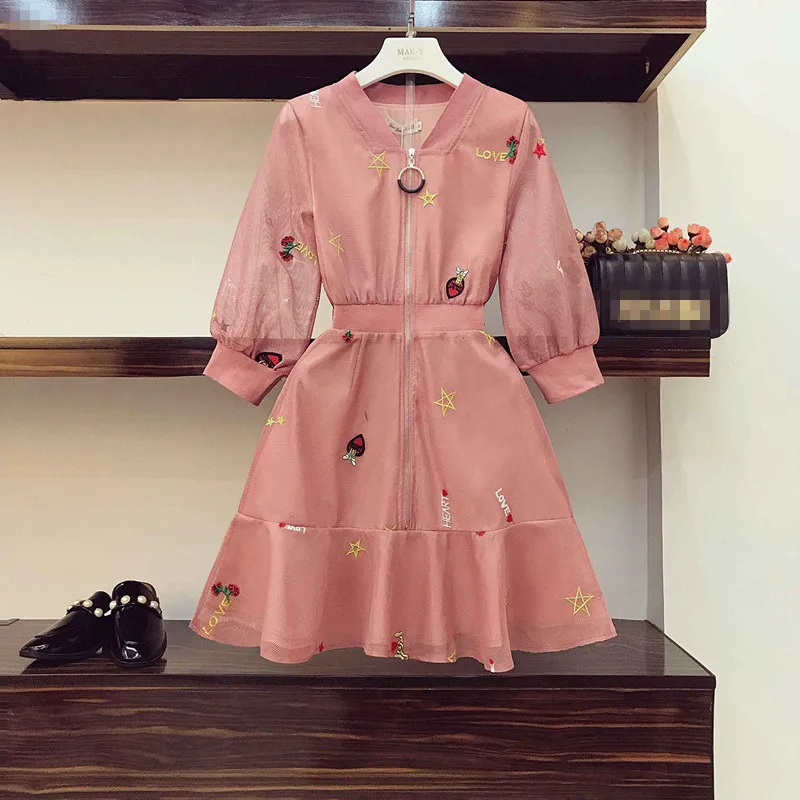 

Women's Clothing 2019 New Summer Fashion Pink V-Neck Flower Embroidery Mesh Dress Lantern Sleeve Black A-line Short Dresses