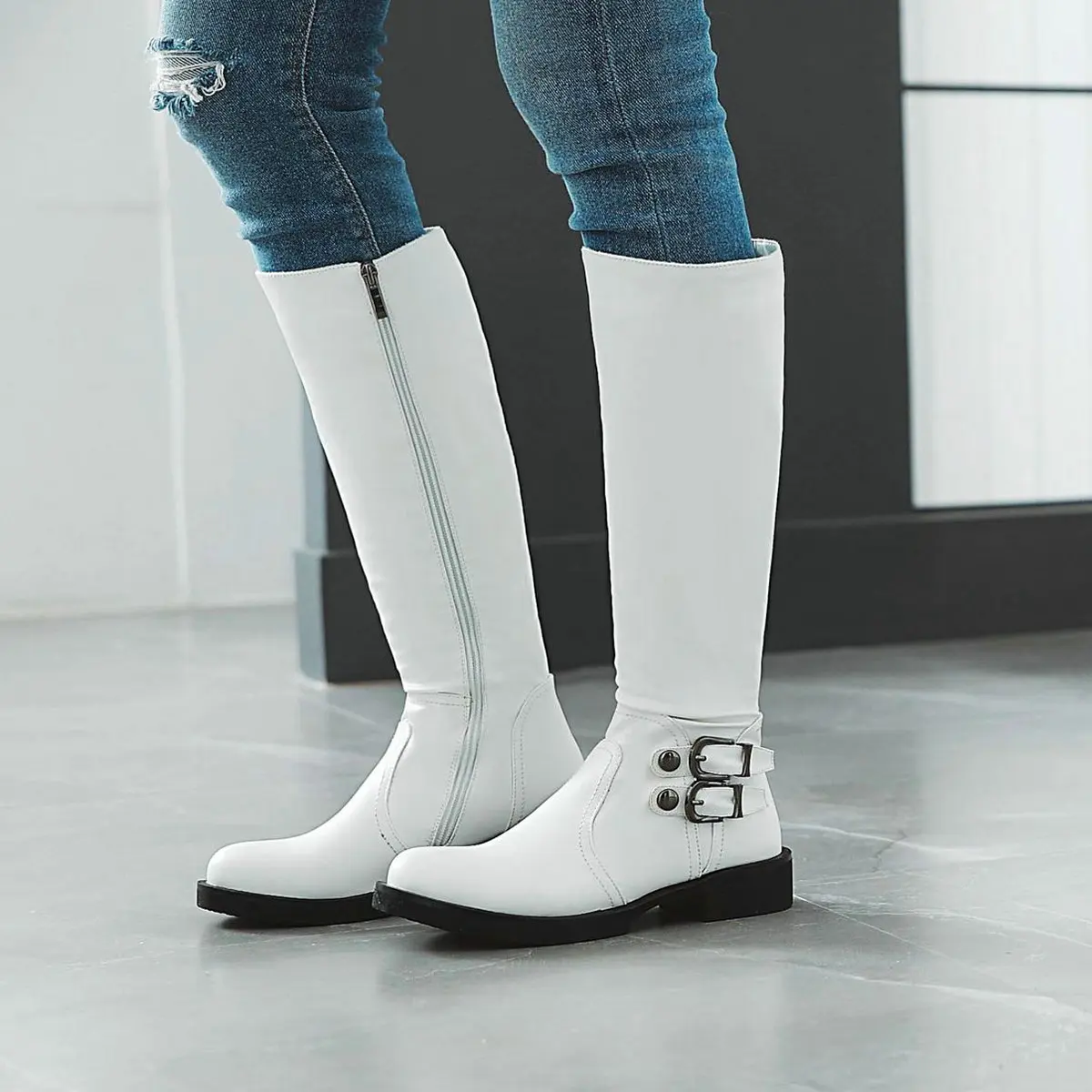 

Women Fashion Zipper Boots Pu Leather Flat Heel Knee High Boots Round Toe Autumn Winter Woman Shoes Plus Size 2018 Boots