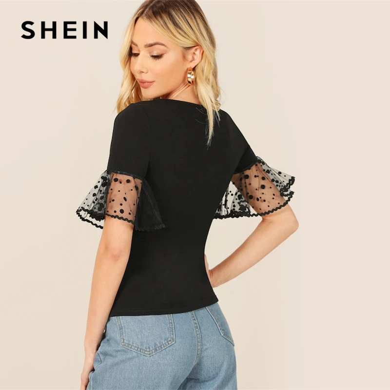 SHEIN الأسود نقطة شبكة انتفض كم الصلبة المحملة الصيف مكتب سيدة أنيقة ساحة الرقبة انتفض كم الصلبة المرأة التي شيرت