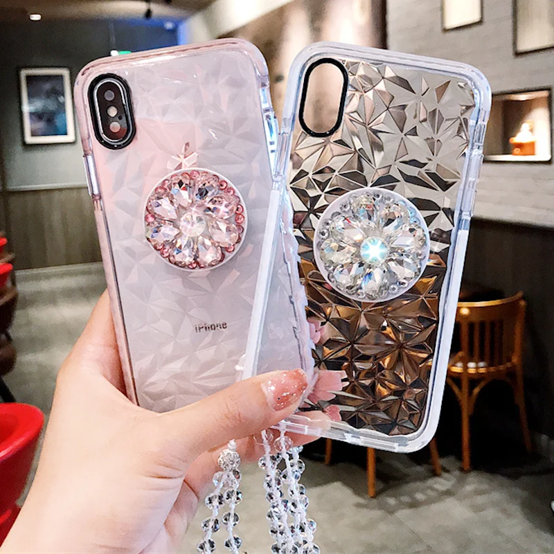 

New 3D diamond handle bracket crystal lanyard cover for iphone 11Pro MAX XS XR 8 plus for samsung S8 9 10plus Note8 9 back cases