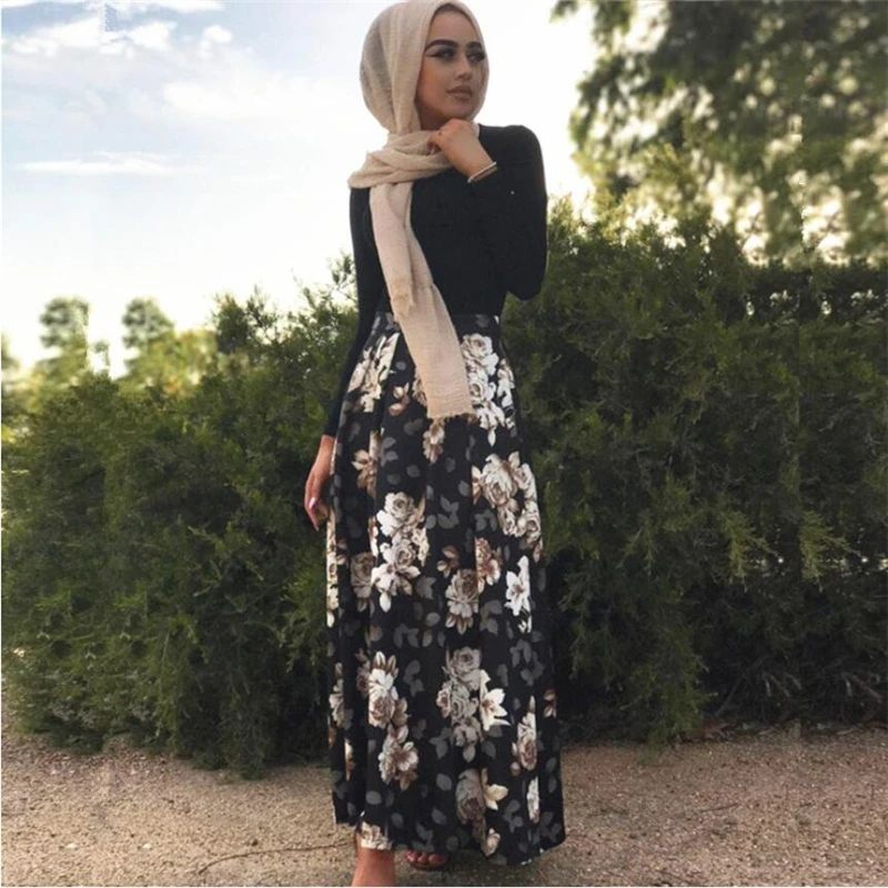 

2019 Floral printed Long Muslim skirt sexy turkish arab dubai Islamic clothing maxi pleated skirt female plus size S-XXL