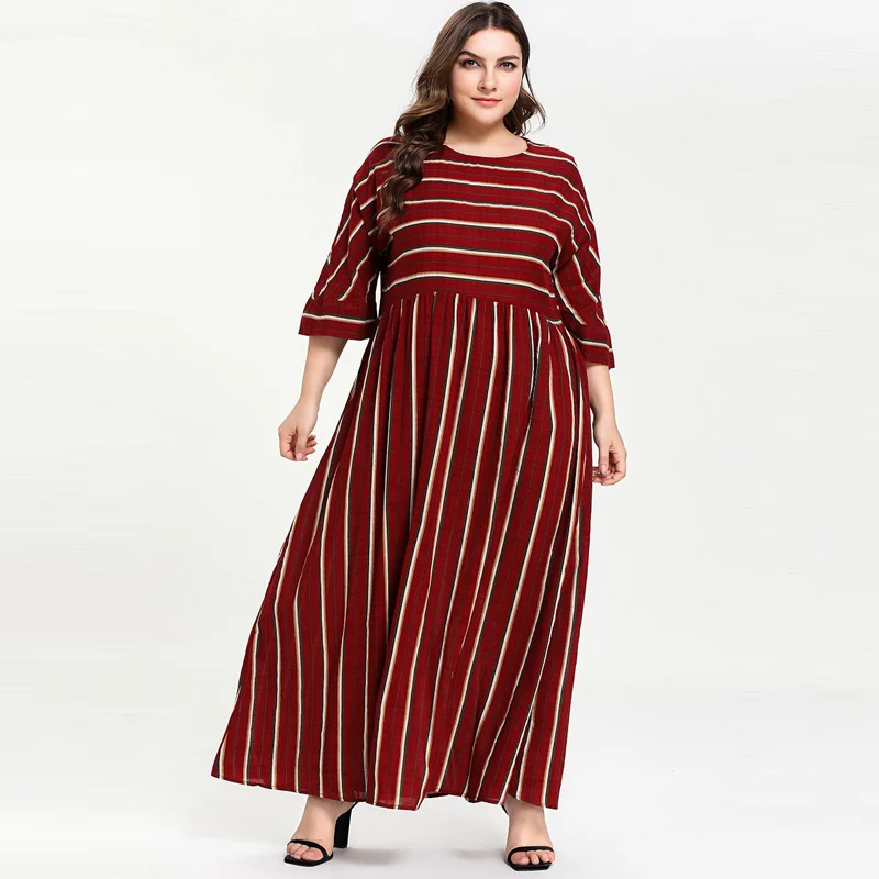 

2019 New Women Summer Muslim Dress Half Sleeve Striped Wine Thin Loose Maxi Dresses Arabic Pakistani Clothing M - 4XL