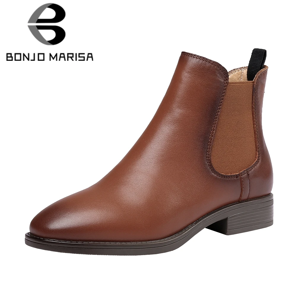 Comprar BONJOMARISA otoño nuevo total de cuero genuino tobillo Chelsea botas mujeres 2019 antideslizantes Retro botines señoras zapatos de tacón bajo Mujer